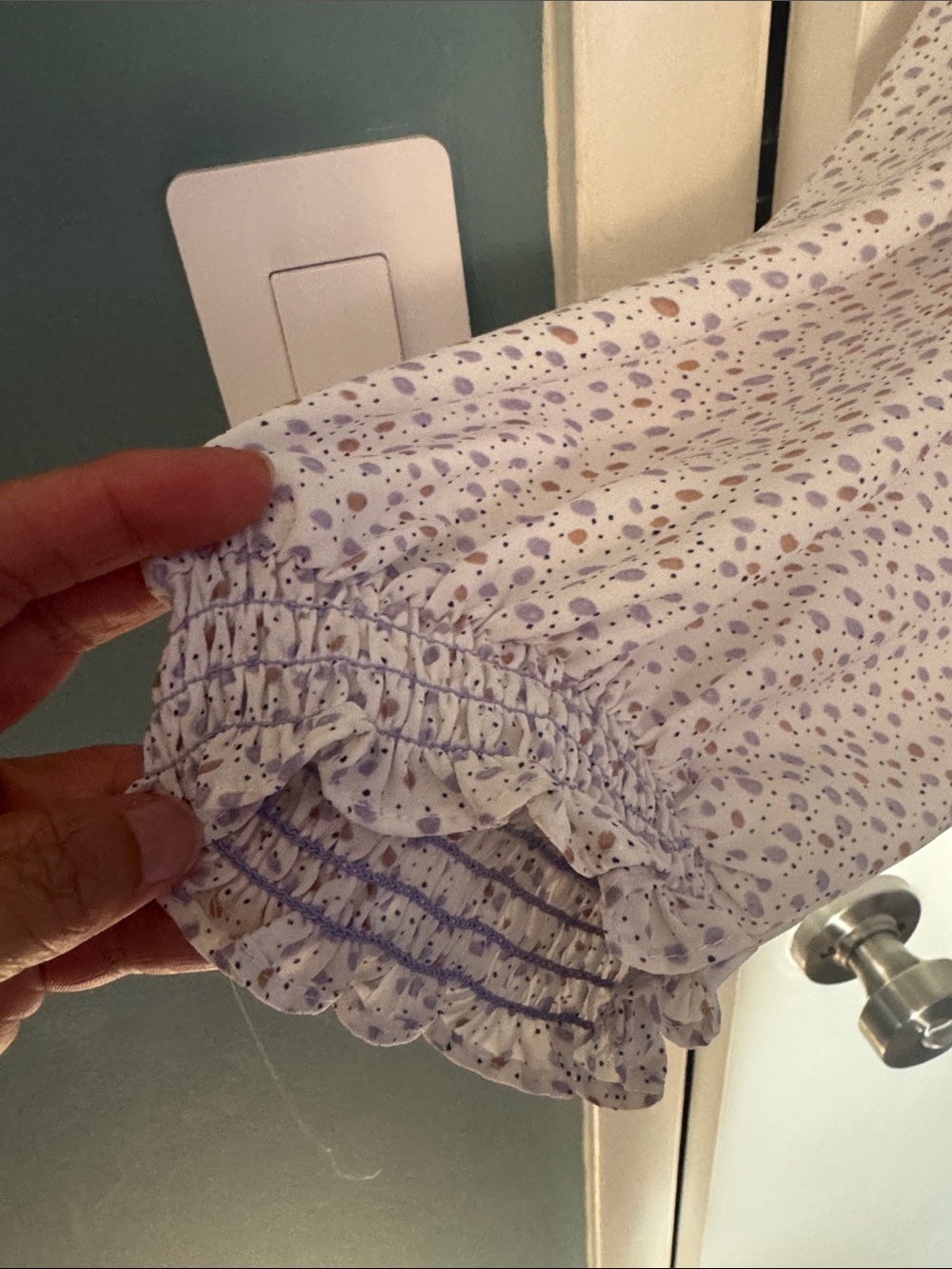 Carolina Belle White Blouse with Lavender and Taupe Dot Print